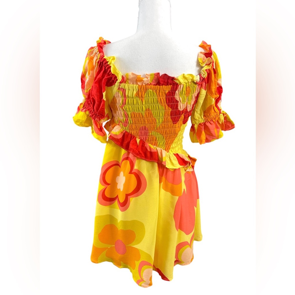 NWT SABO Jaden Off Shoulder Yellow Floral Smocked Mini Dress XS Vacation Resort - Picture 9 of 15